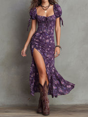 Women’s Boho Floral Puff Sleeve Midi Dress