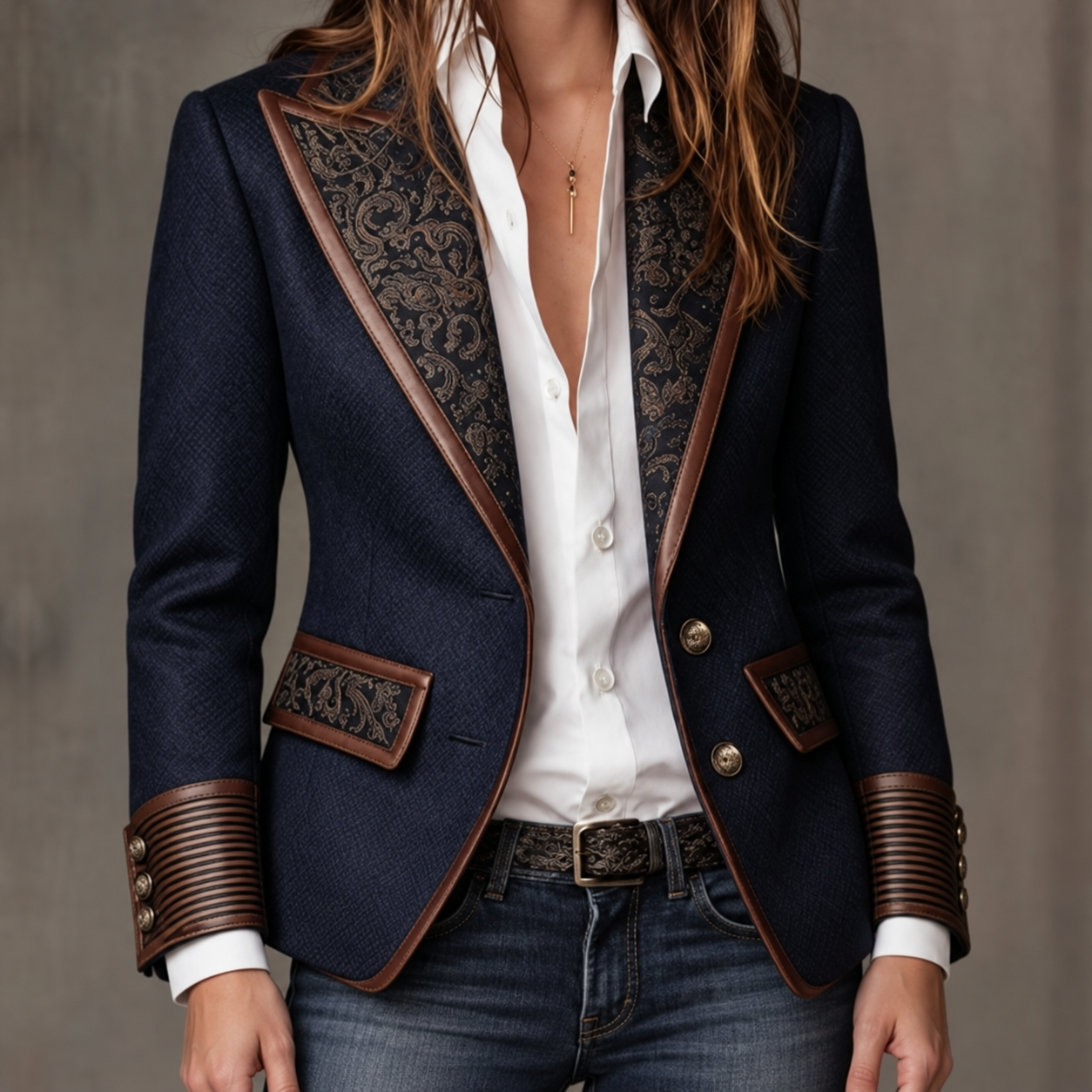 Blue herringbone blazer with a flattering fit
