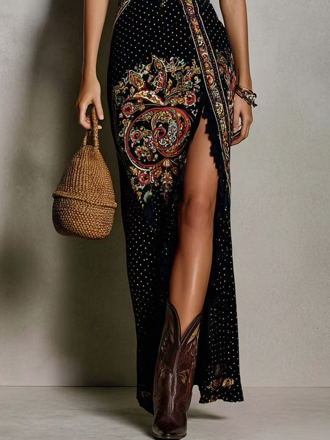 Women’s Boho Printed Deep V-Neck High Slit Dress