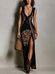 Women’s Boho Printed Deep V-Neck High Slit Dress