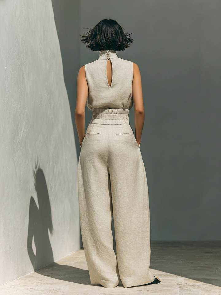 Women’s Minimalist Sleeveless Two-Piece Blouse And Wide-Leg Pants Set