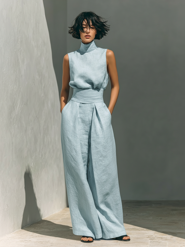 Women’s Minimalist Sleeveless Two-Piece Blouse And Wide-Leg Pants Set