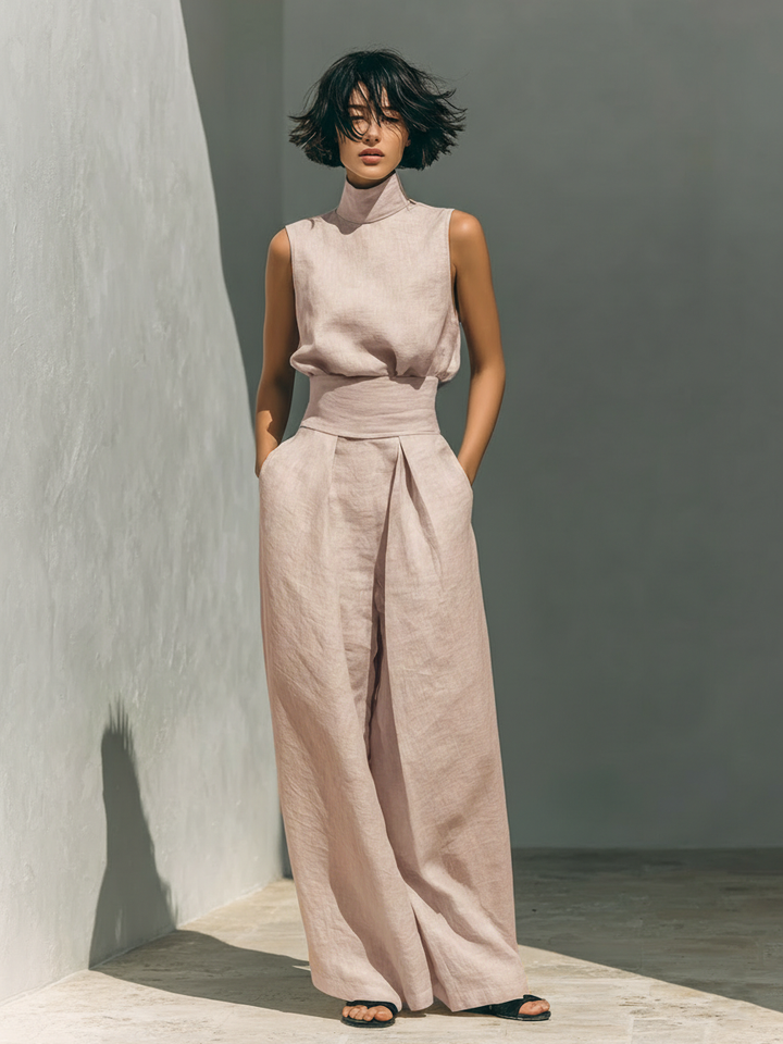 Women’s Minimalist Sleeveless Two-Piece Blouse And Wide-Leg Pants Set