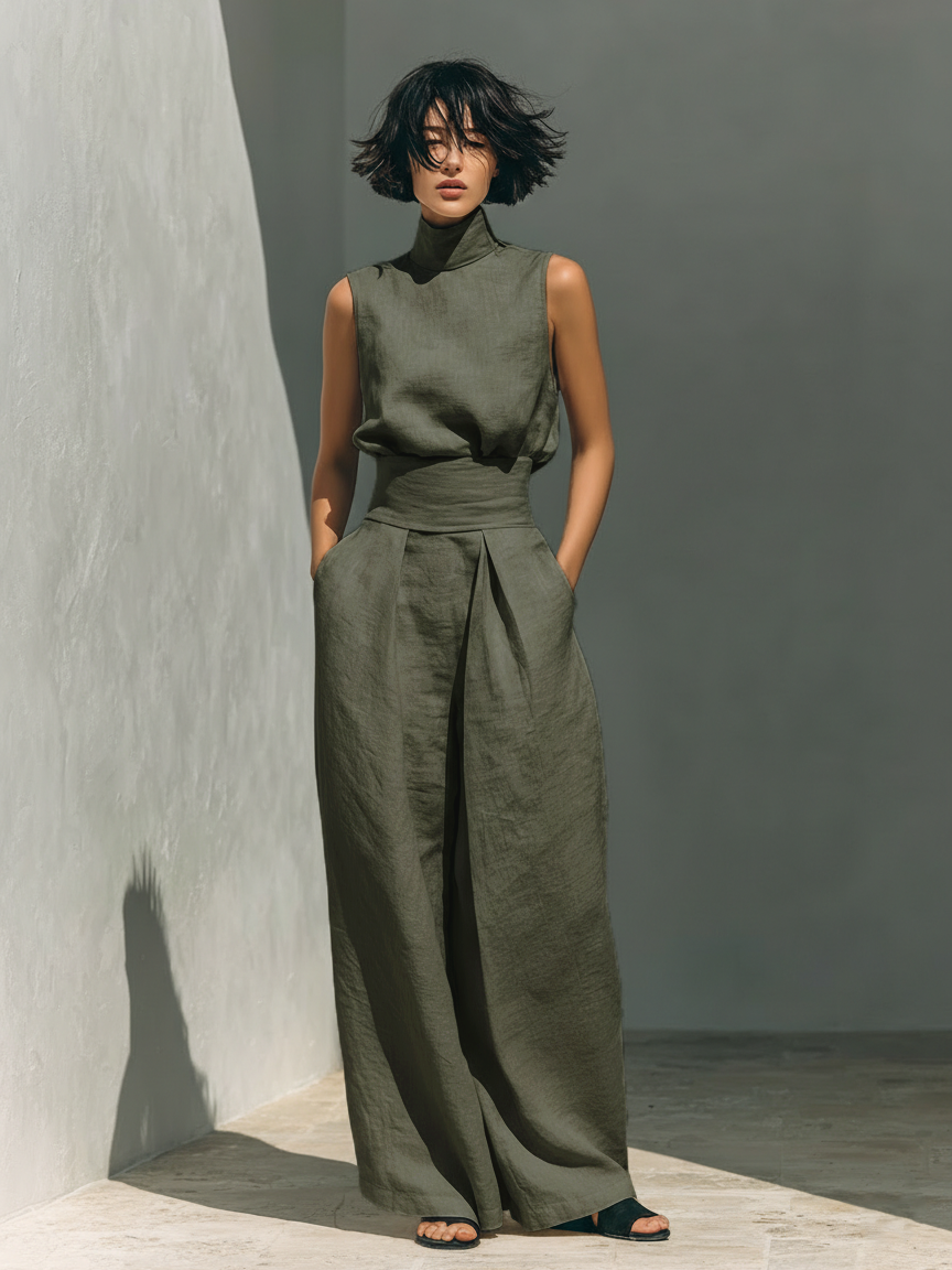 Women’s Minimalist Sleeveless Two-Piece Blouse And Wide-Leg Pants Set