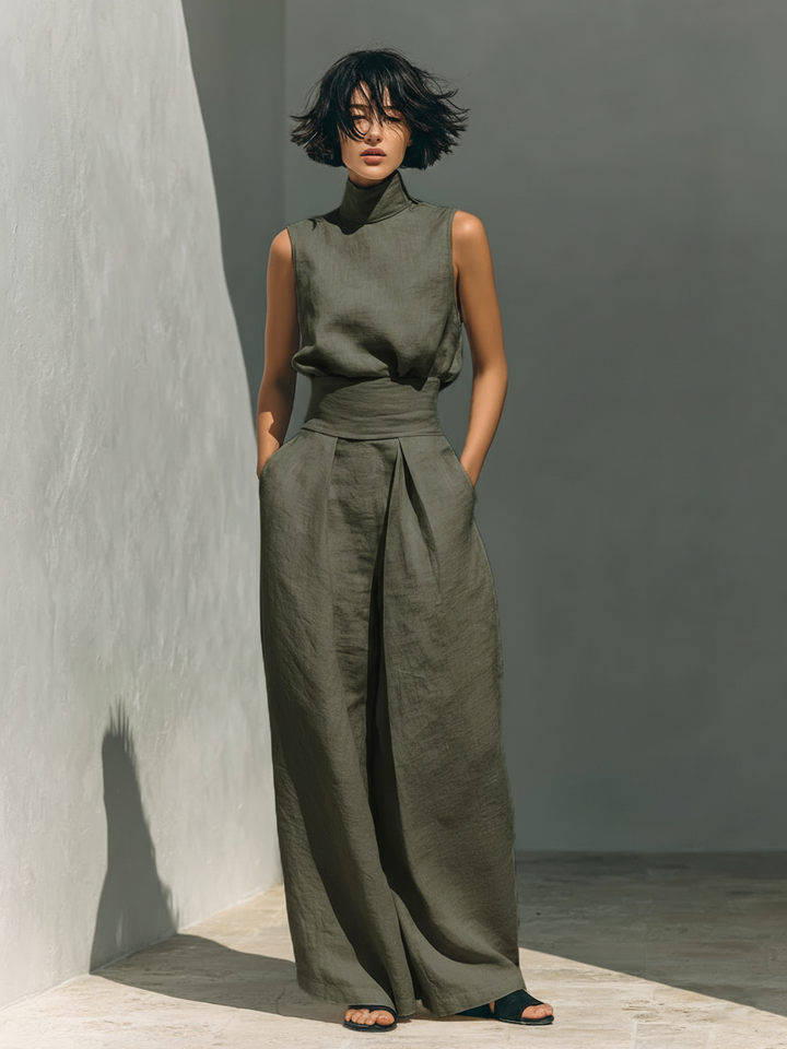 Women’s Minimalist Sleeveless Two-Piece Blouse And Wide-Leg Pants Set