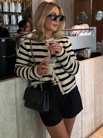 Women’s Gold Button Striped Cardigan