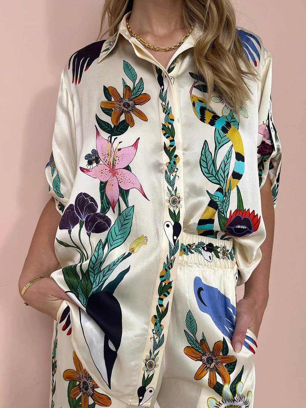 Women’s Resort Printed Two-Piece Shirt And Trousers Set