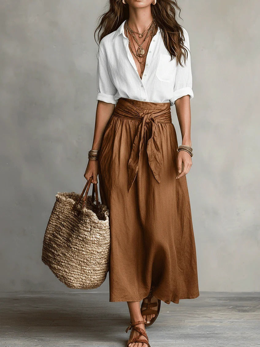 Women’s Two-Piece Black Top And Olive Green Midi Skirt Set