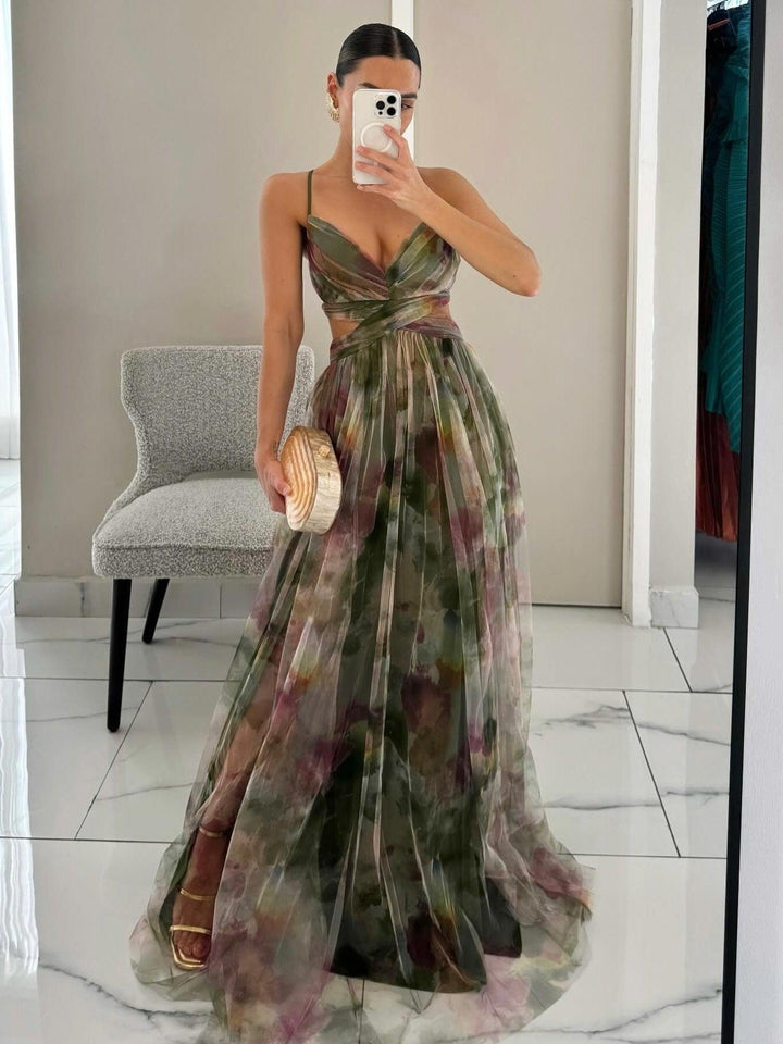 Women’s Painted Floral Print V-Neck Maxi Dress