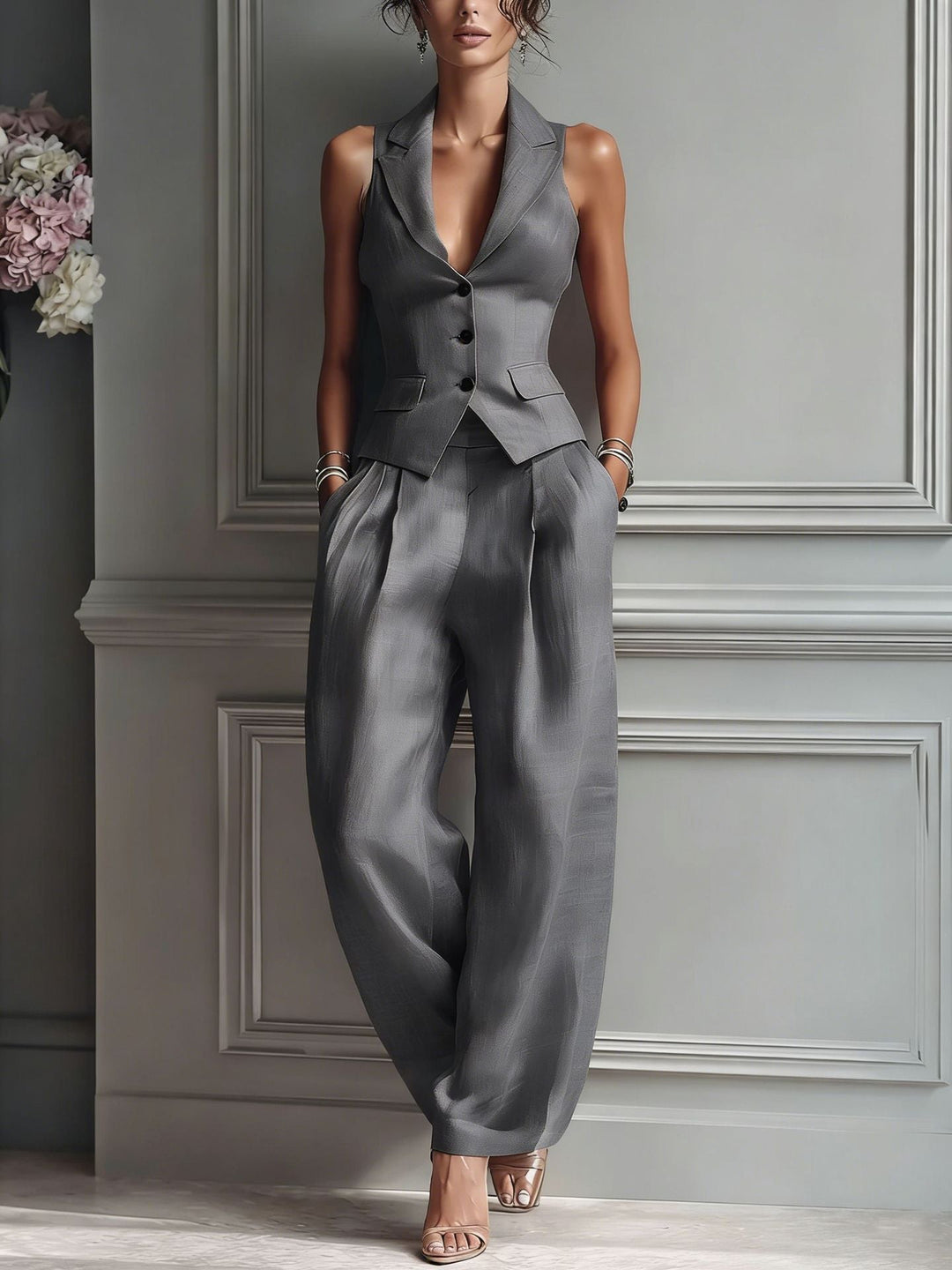 Women’s V-Neck Button-Front Two-Piece Set
