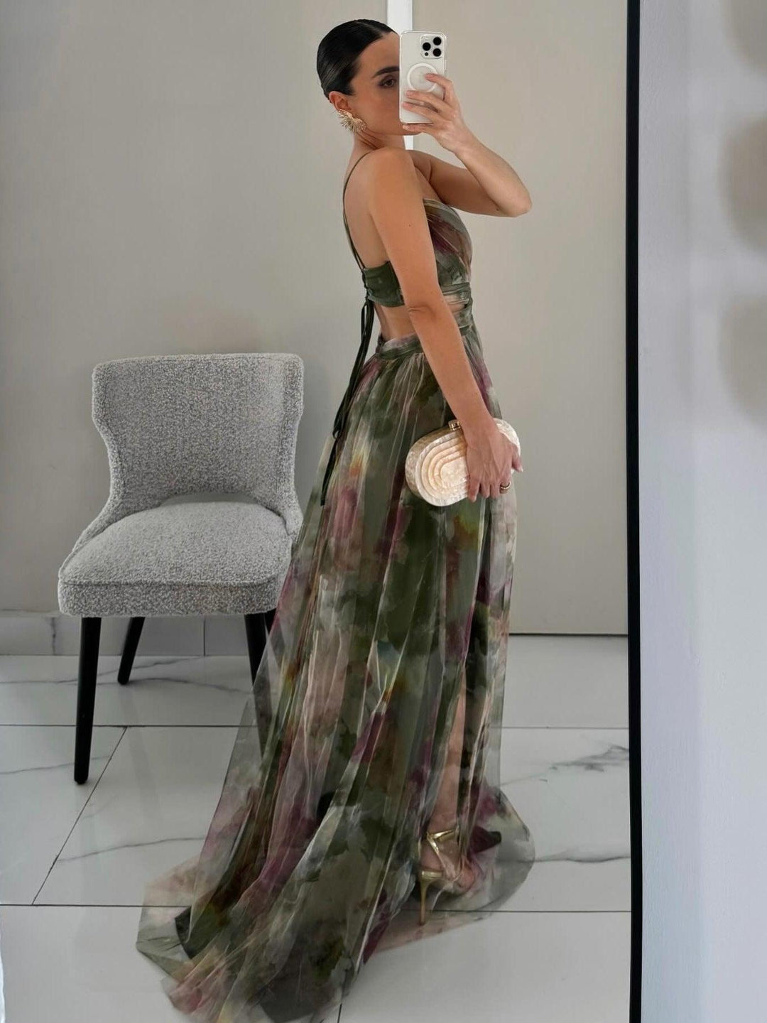 Women’s Painted Floral Print V-Neck Maxi Dress