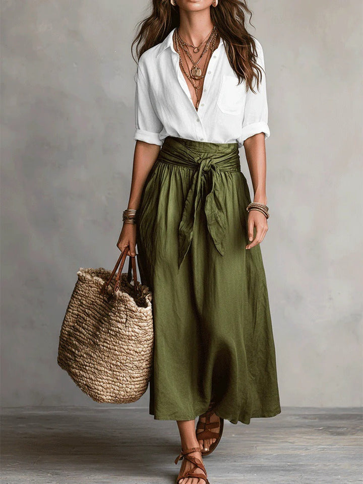 Women’s Two-Piece Black Top And Olive Green Midi Skirt Set
