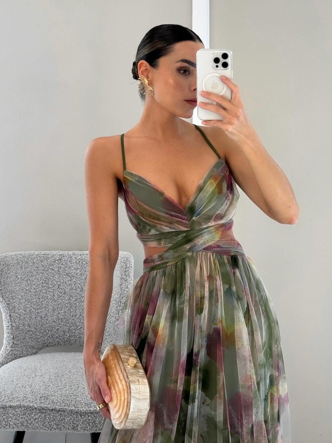 Women’s Painted Floral Print V-Neck Maxi Dress