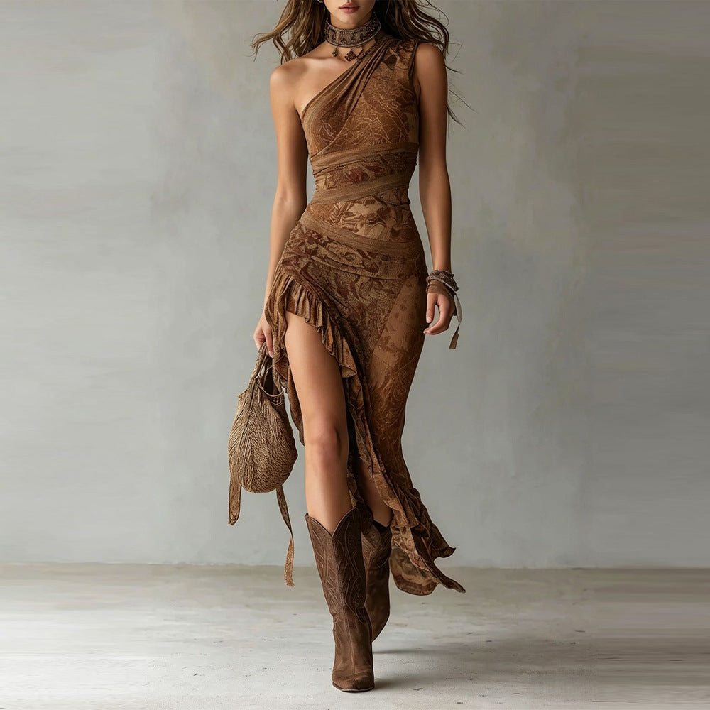 Women’s One-Shoulder Printed Ruffle Slit Maxi Dress