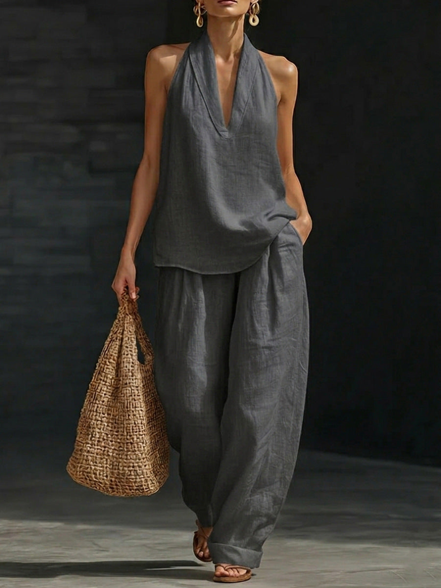 Women’s Sleeveless Wide Leg Two-Piece Pants Set