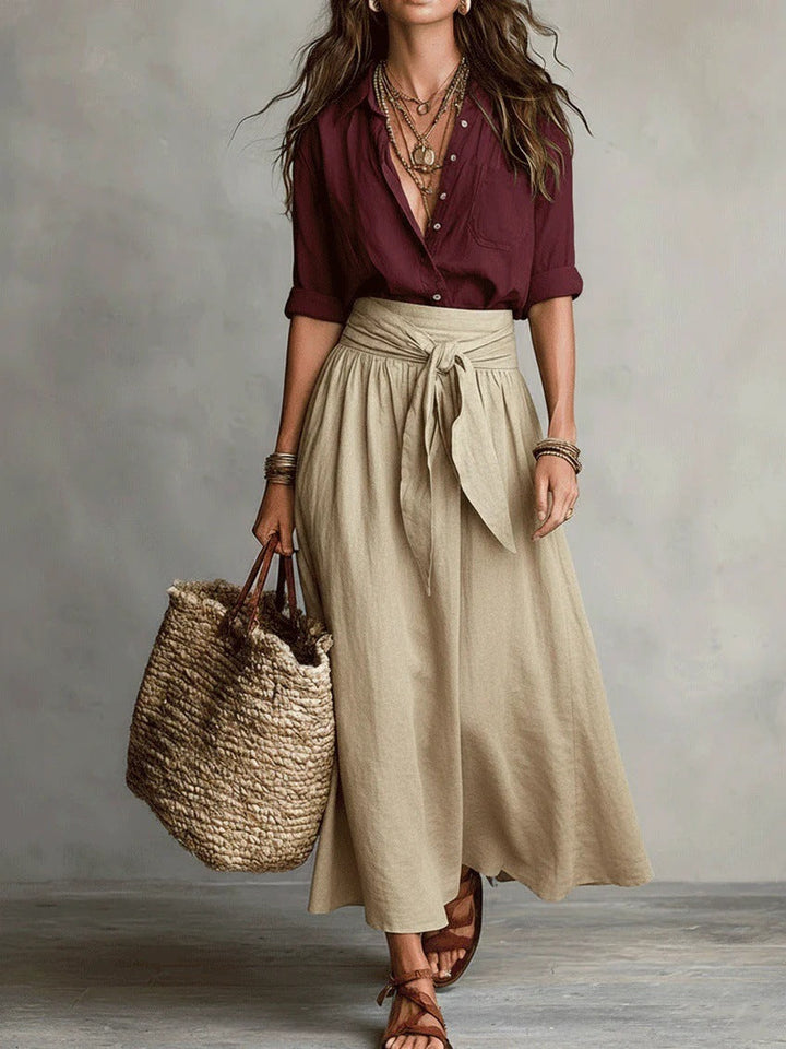 Women’s Two-Piece Black Top And Olive Green Midi Skirt Set