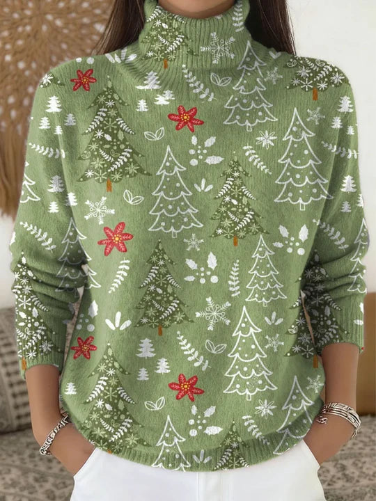 Women’s Christmas Floral Print Long Sleeve Turtleneck Sweater