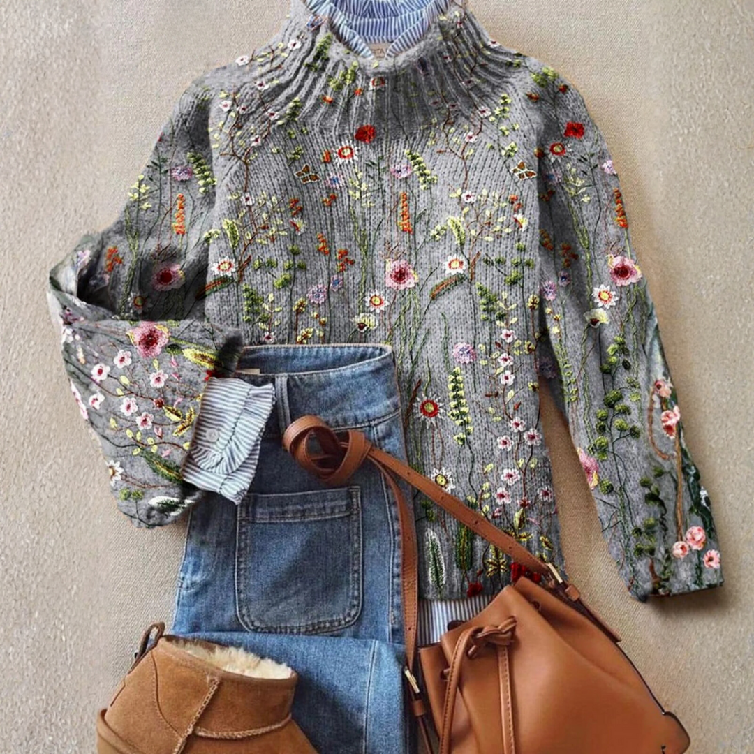 Women’s Vintage Floral Print Turtleneck Sweater