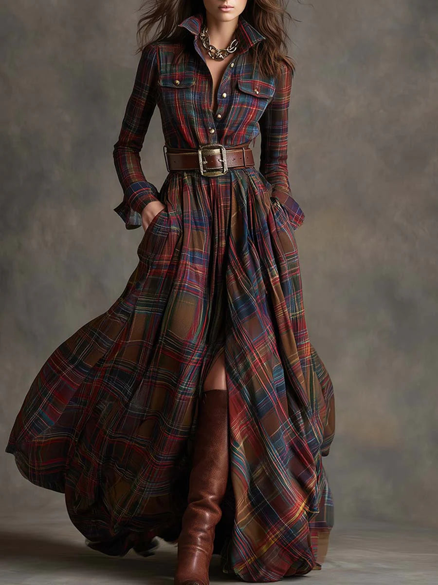 Women’s Long Checkered Belted Dress