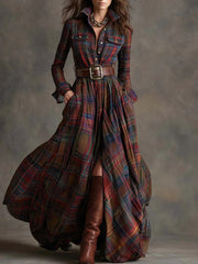 Women’s Long Checkered Belted Dress