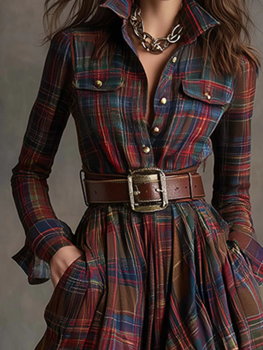 Women’s Long Checkered Belted Dress