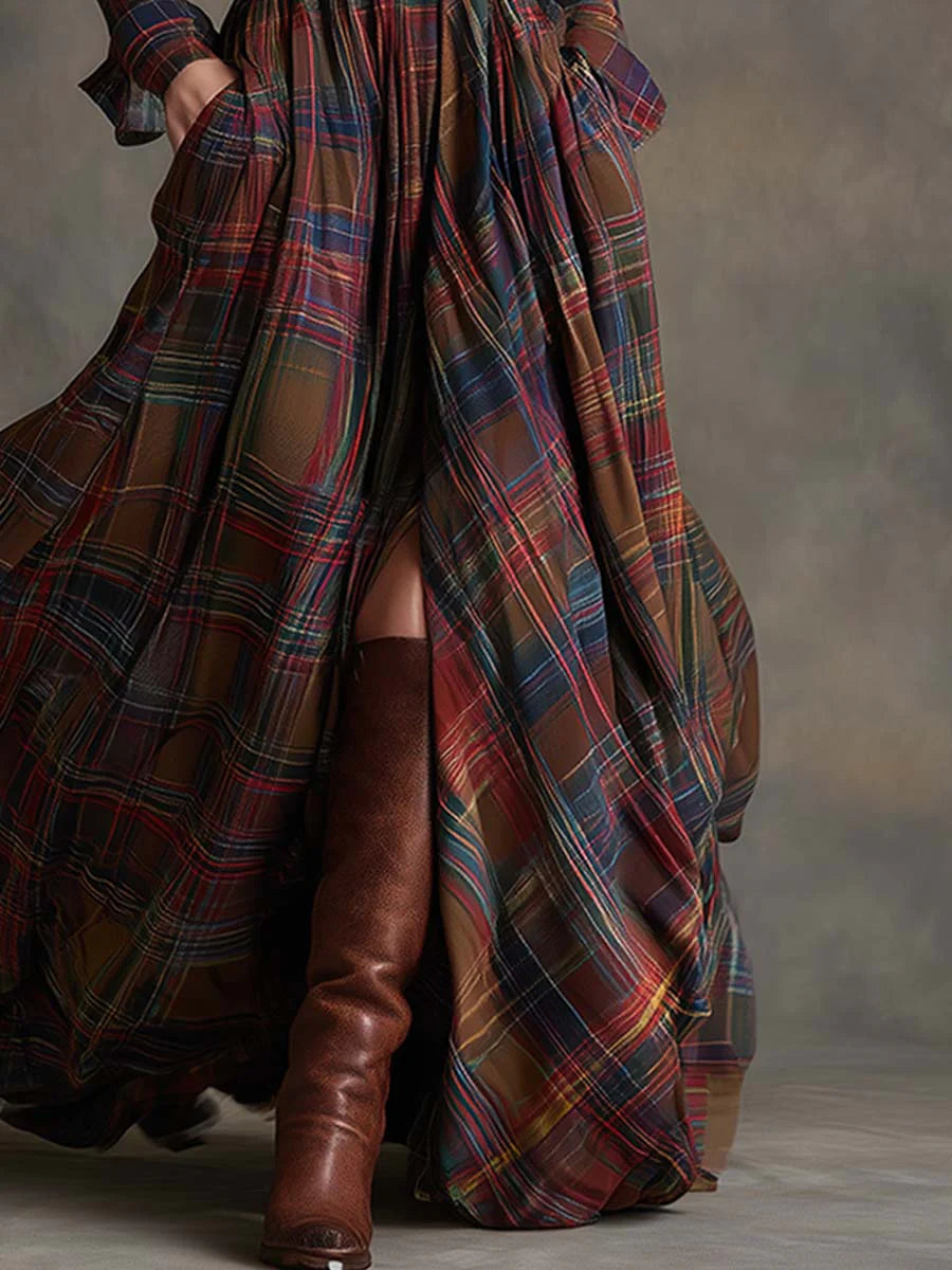 Women’s Long Checkered Belted Dress