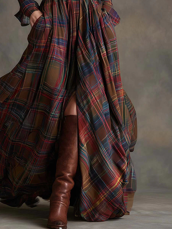 Women’s Long Checkered Belted Dress