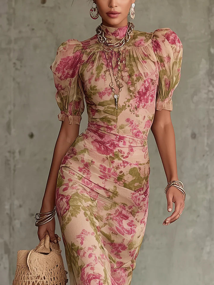Women’s Vintage Rose Print Puff Sleeve Maxi Dress
