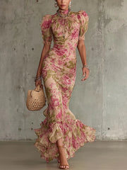 Women’s Vintage Rose Print Puff Sleeve Maxi Dress