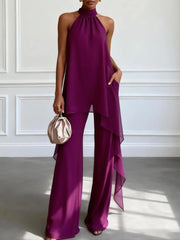 Women’s Purple Halter Sleeveless Two-Piece Pants Set