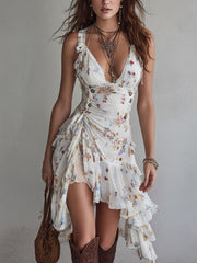 Women’s Retro Floral V-Neck Spaghetti Strap Mini Dress