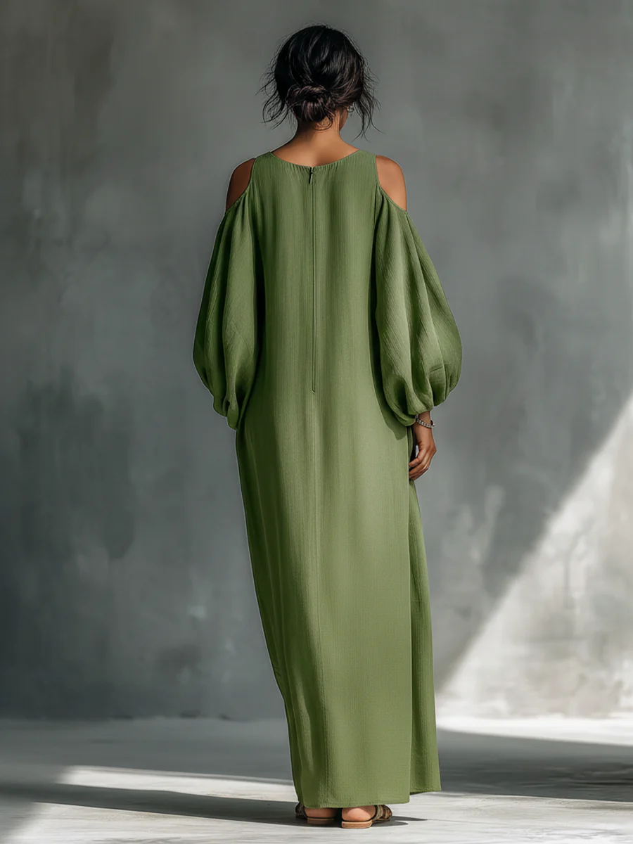 Women’s Green Off-Shoulder Puff Sleeve Maxi Dress