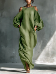 Women’s Green Off-Shoulder Puff Sleeve Maxi Dress