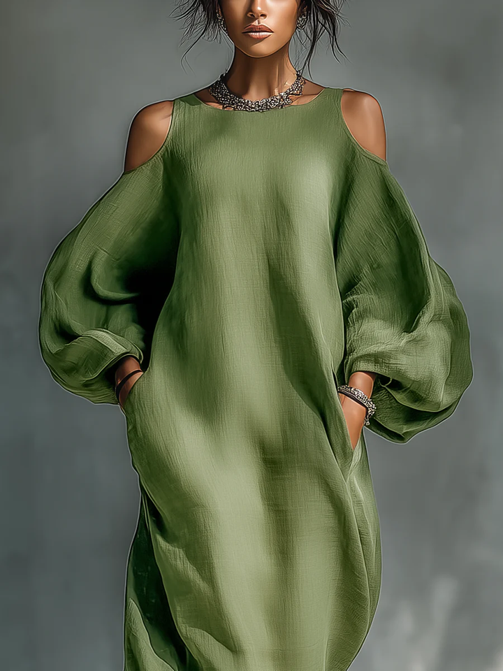 Women’s Green Off-Shoulder Puff Sleeve Maxi Dress