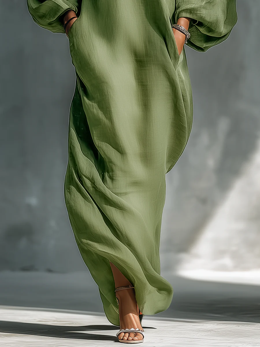 Women’s Green Off-Shoulder Puff Sleeve Maxi Dress