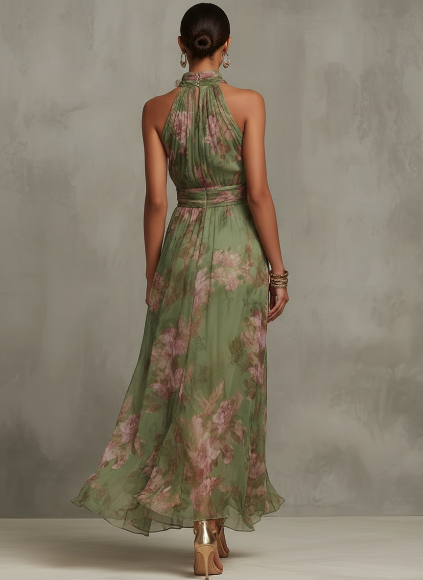 Women’s Green Floral Halter Maxi Dress