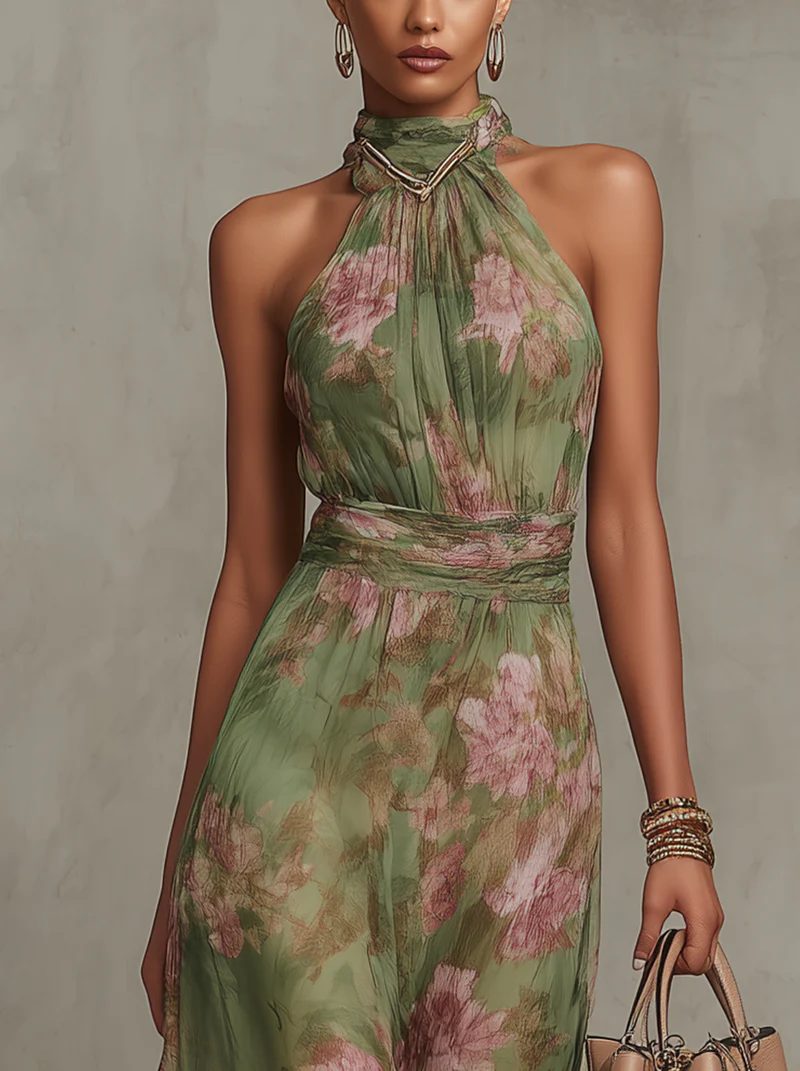 Women’s Green Floral Halter Maxi Dress