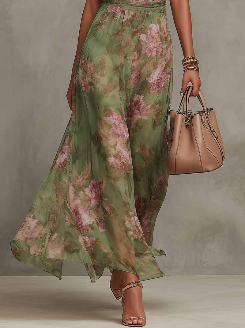 Women’s Green Floral Halter Maxi Dress
