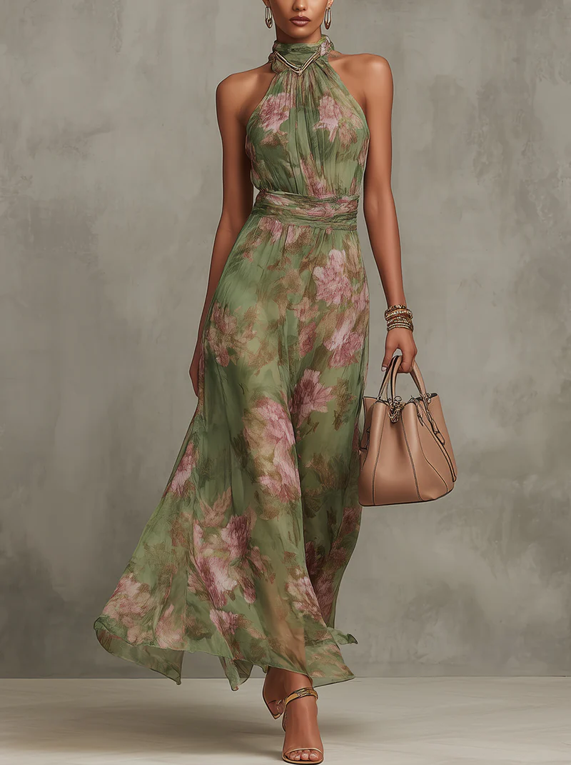Women’s Green Floral Halter Maxi Dress
