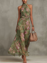Women’s Green Floral Halter Maxi Dress