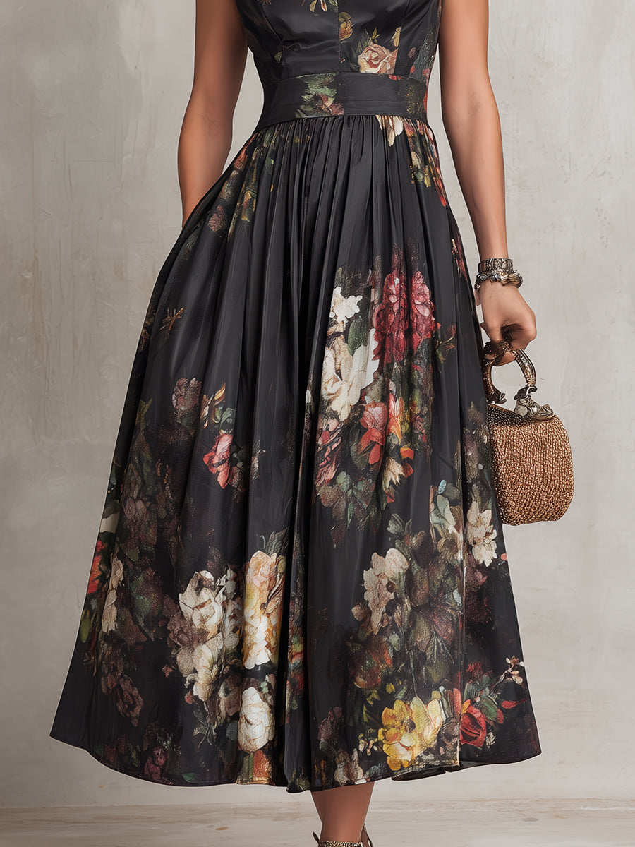 Women’s Black Floral Pleated Keyhole Neck Midi Dress