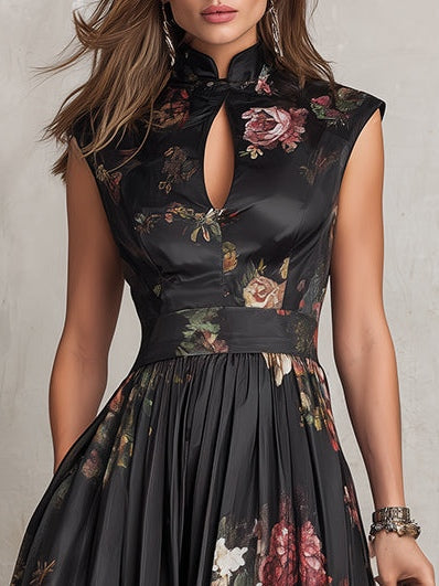 Women’s Black Floral Pleated Keyhole Neck Midi Dress