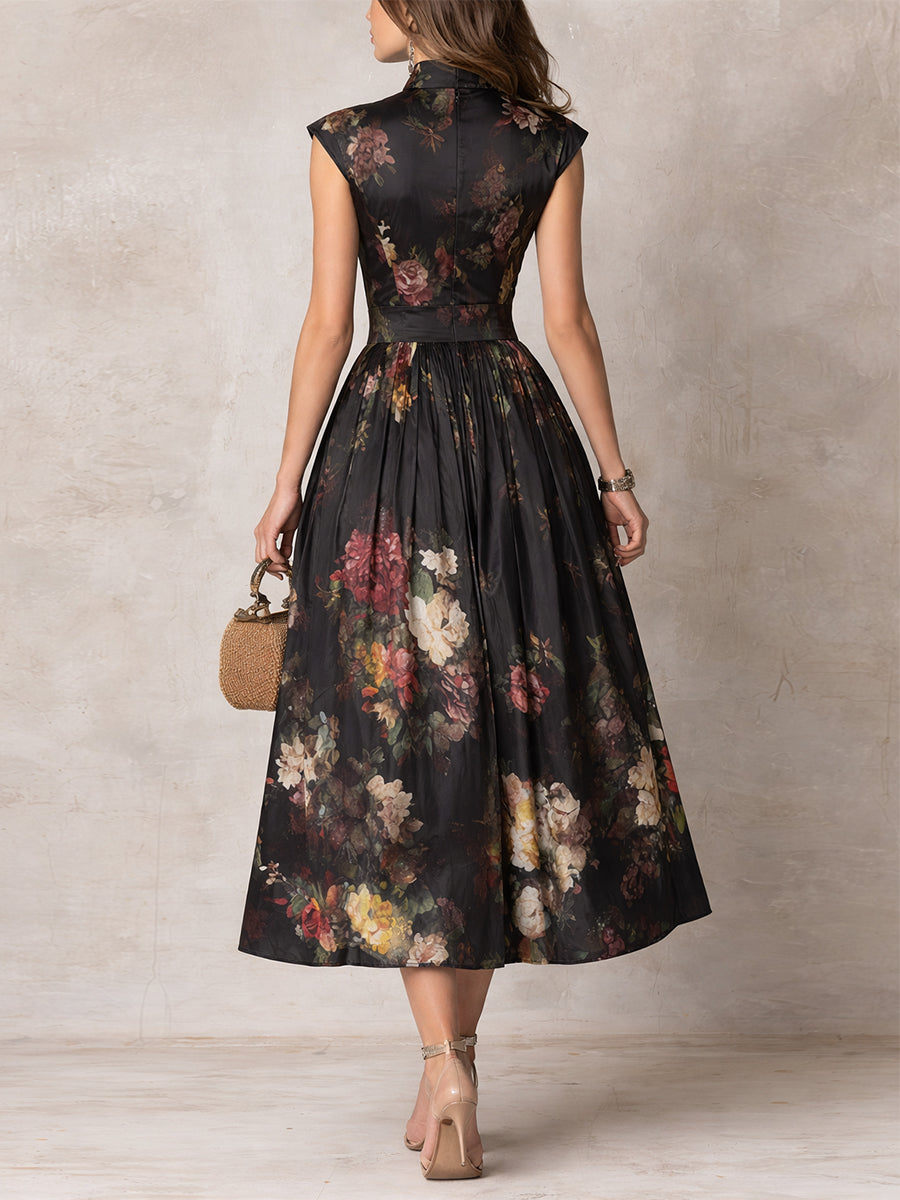 Women’s Black Floral Pleated Midi Dress