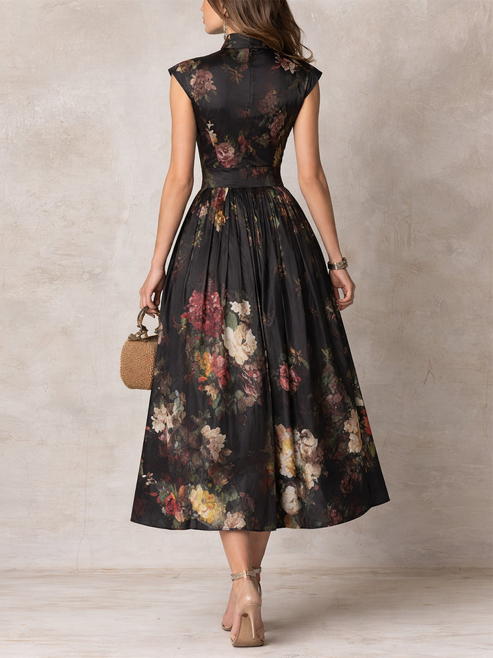 Women’s Black Floral Pleated Keyhole Neck Midi Dress
