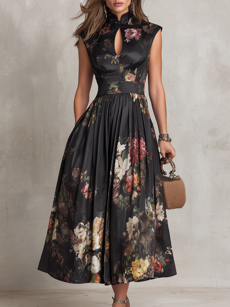 Women’s Black Floral Pleated Keyhole Neck Midi Dress