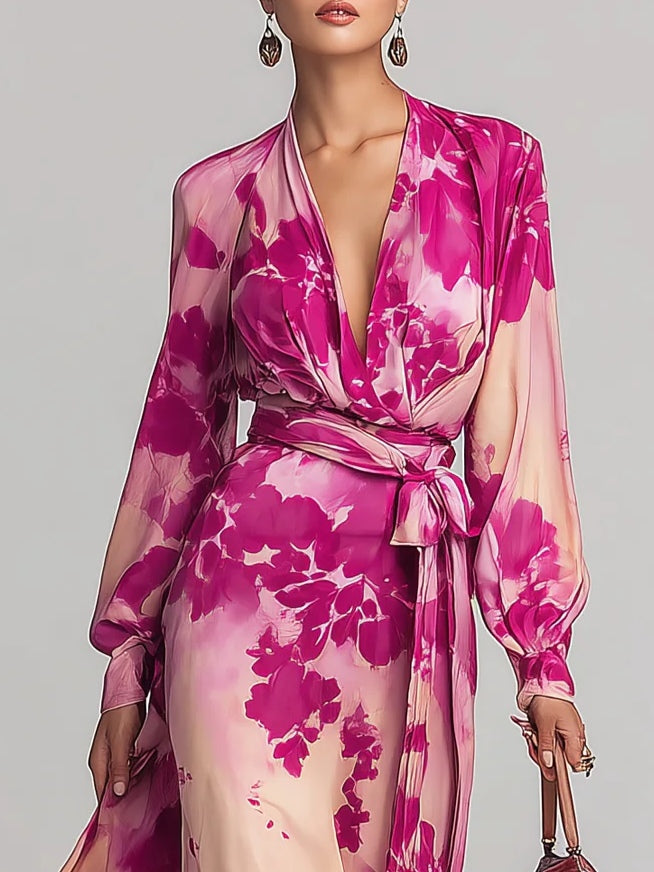 Women’s Floral V-Neck Belted Maxi Dress