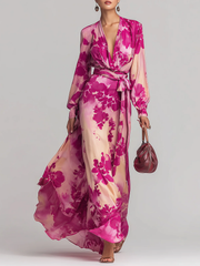 Women’s Floral V-Neck Belted Maxi Dress