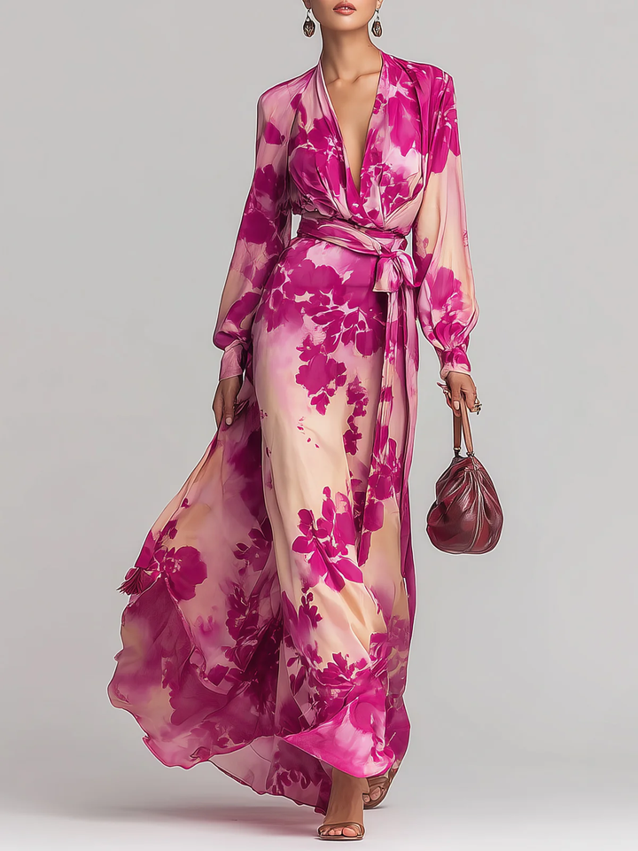 Women’s Floral V-Neck Belted Maxi Dress