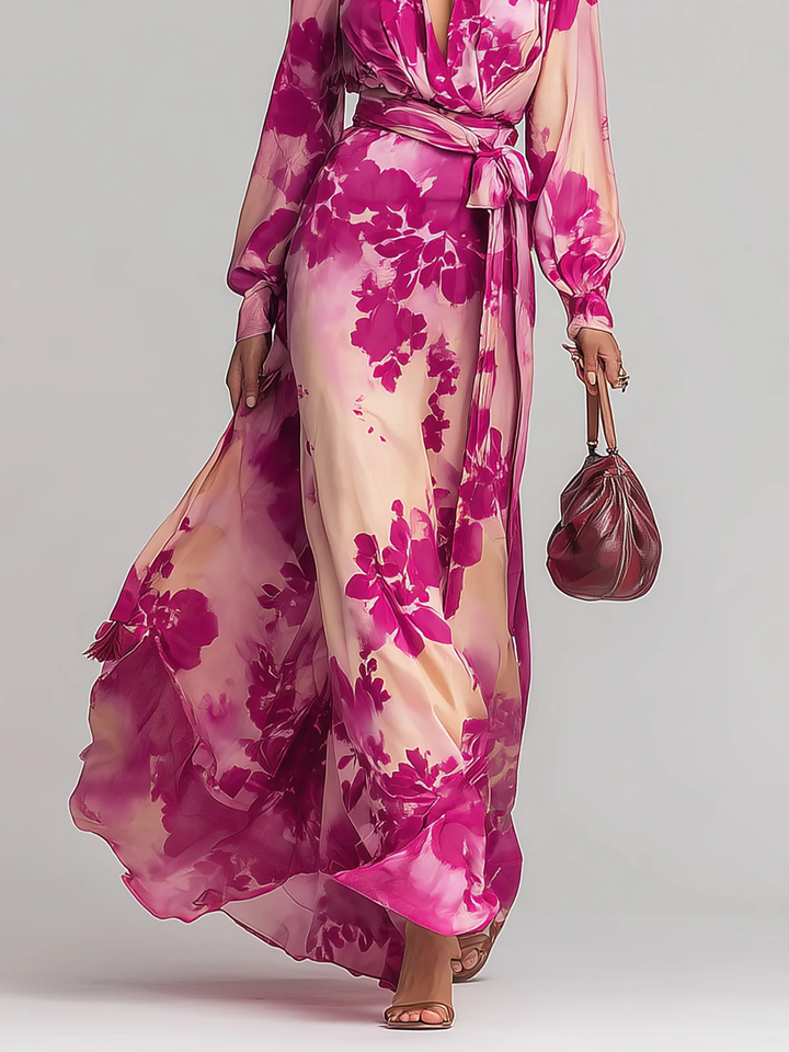 Women’s Floral V-Neck Belted Maxi Dress