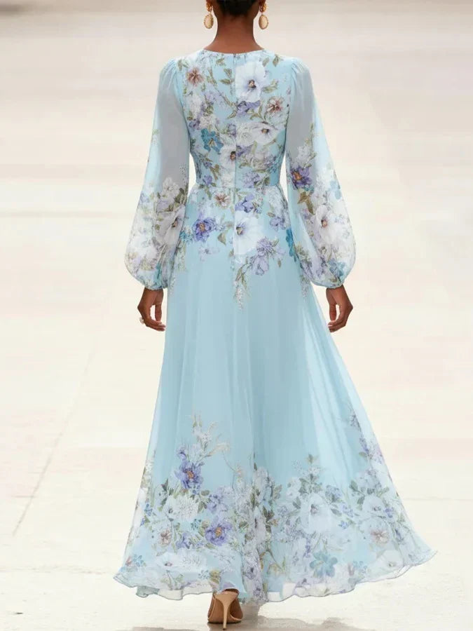 Women’s Light Blue Floral V-Neck Maxi Dress